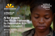 Cover of the white paper 'AI for Impact: The PRISM Framework for Responsible AI in Social Innovation,' featuring the Schwab Foundation logo, World Economic Forum branding, and a photo of a woman. Published June 2024.